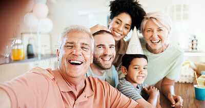 Buy stock photo Birthday, selfie and smile with family in home for party, celebration and picture. Support, dessert and love with portrait of parents and child for memory, photography and surprise event together