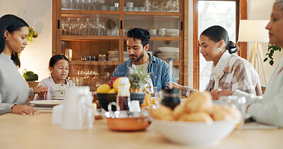 Buy stock photo Eating, praying or family holding hands for love, gratitude or holiday brunch for feast or dinner. Meal, group support or people at table together for sharing supper, lunch or food in home for grace 