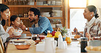 Helping, kid or family in home for lunch for healthy meal, bowl or serving with love or care. Brunch, reunion, parents or people in house for dinner, nutrition or feast with diet, girl or support