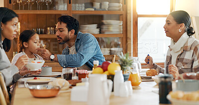 Buy stock photo Helping, kid or family in home for lunch for healthy meal, bowl or serving with love or care. Brunch, reunion, parents or people in house for dinner, nutrition or feast with diet, girl or support