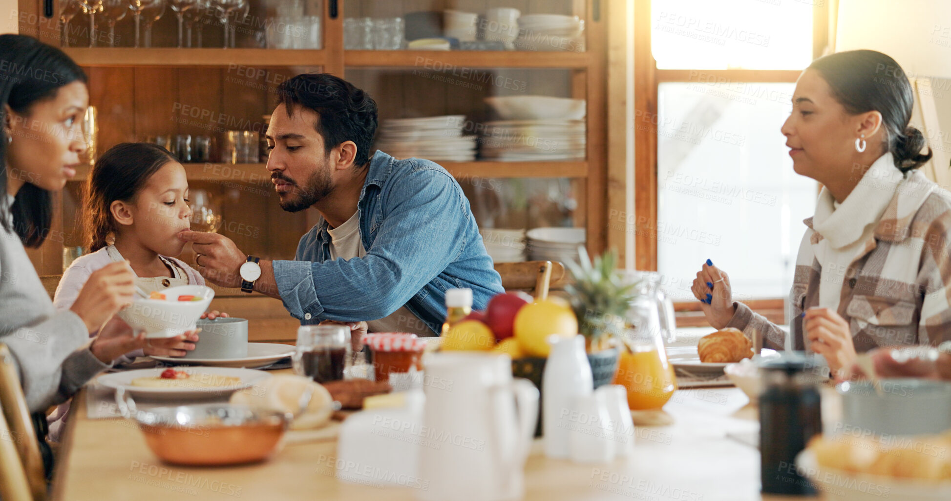 Buy stock photo Helping, kid or family in home for lunch for healthy meal, bowl or serving with love or care. Brunch, reunion, parents or people in house for dinner, nutrition or feast with diet, girl or support