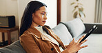 Home, scroll and woman on sofa, tablet and internet with connection, user experience and social media. Communication, person and girl on couch, tech and online reading with email notification