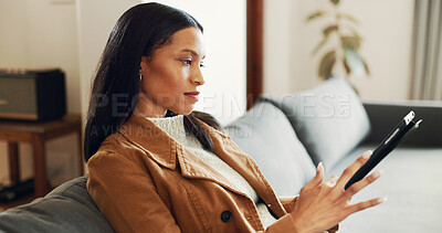 Buy stock photo Home, scroll and woman on sofa, tablet and internet with connection, user experience and social media. Communication, person and girl on couch, tech and online reading with email notification