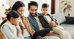Sofa, father and mother with children for tablet, streaming movies and bonding together as family. Home, mom and dad with kids for digital video, cartoon and film website with happiness on couch