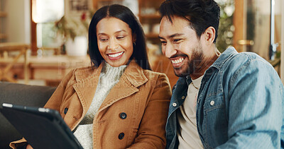 Buy stock photo Home, sofa and couple with smile for tablet, streaming movies and bonding in healthy relationship. Happy people, man and woman with digital for watching video, love and film website on couch in house