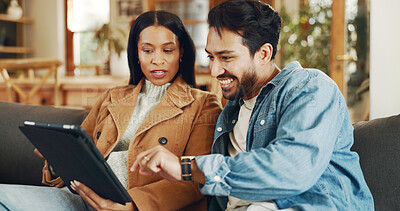 Buy stock photo Home, sofa and couple with tablet for choice, streaming movies and bonding in healthy relationship. Happy people, man and woman with digital to select video, love and film website on couch in house