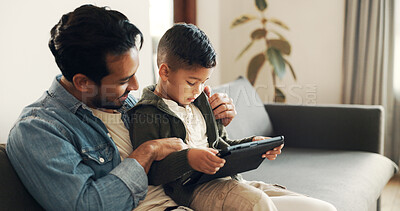 Buy stock photo Home, sofa and father with child for tablet, streaming movies and bonding together with technology. House, dad and relax with boy for digital video, cartoon and watch film on website in living room