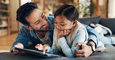 Buy stock photo Sofa, hug and father with child for tablet, streaming games and bonding together with technology. Home, dad and love with happy girl for digital, entertainment and website with support in living room