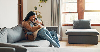 Buy stock photo Hug, love and mother with daughter on sofa for bonding, care and embrace together. Support, happiness and connection with woman and child in living room of family home for commitment, relax or growth