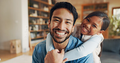 Buy stock photo Sofa, dad and girl in portrait for hug, connection and bonding together as family at home. Couch, smile and father with happy child for love embrace, relationship or relax on weekend holiday in house