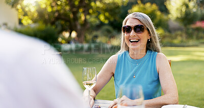 Buy stock photo Love, smile and wine with old couple in nature for romance, anniversary date and bonding. Happiness, retirement and support with senior man and woman at vineyard resort for drink, relax and vacation