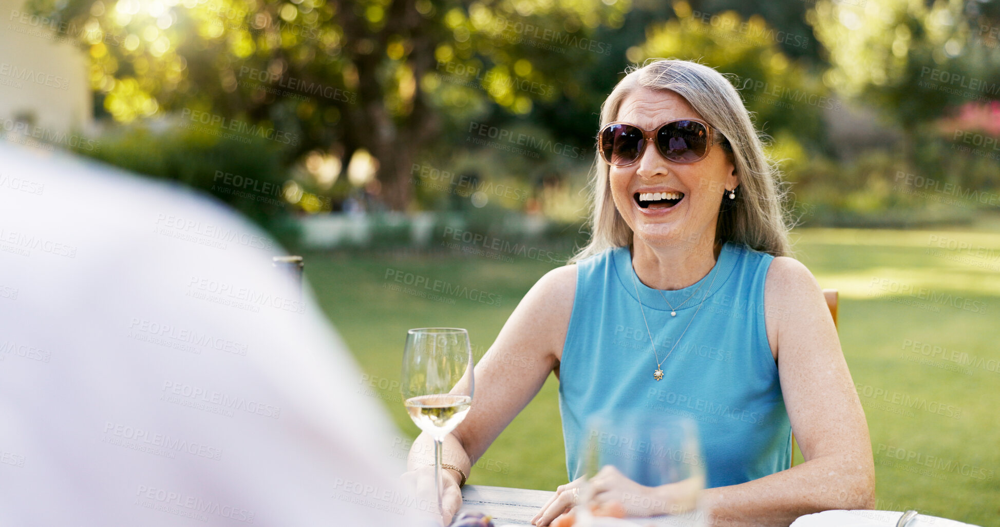 Buy stock photo Love, smile and wine with old couple in nature for romance, anniversary date and bonding. Happiness, retirement and support with senior man and woman at vineyard resort for drink, relax and vacation