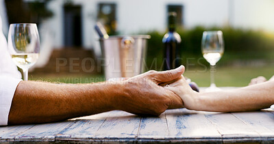Buy stock photo Couple, love and holding hands with champagne at house of romance, partner support and celebration. Closeup, senior people and loyalty of anniversary date, marriage commitment and bonding in backyard
