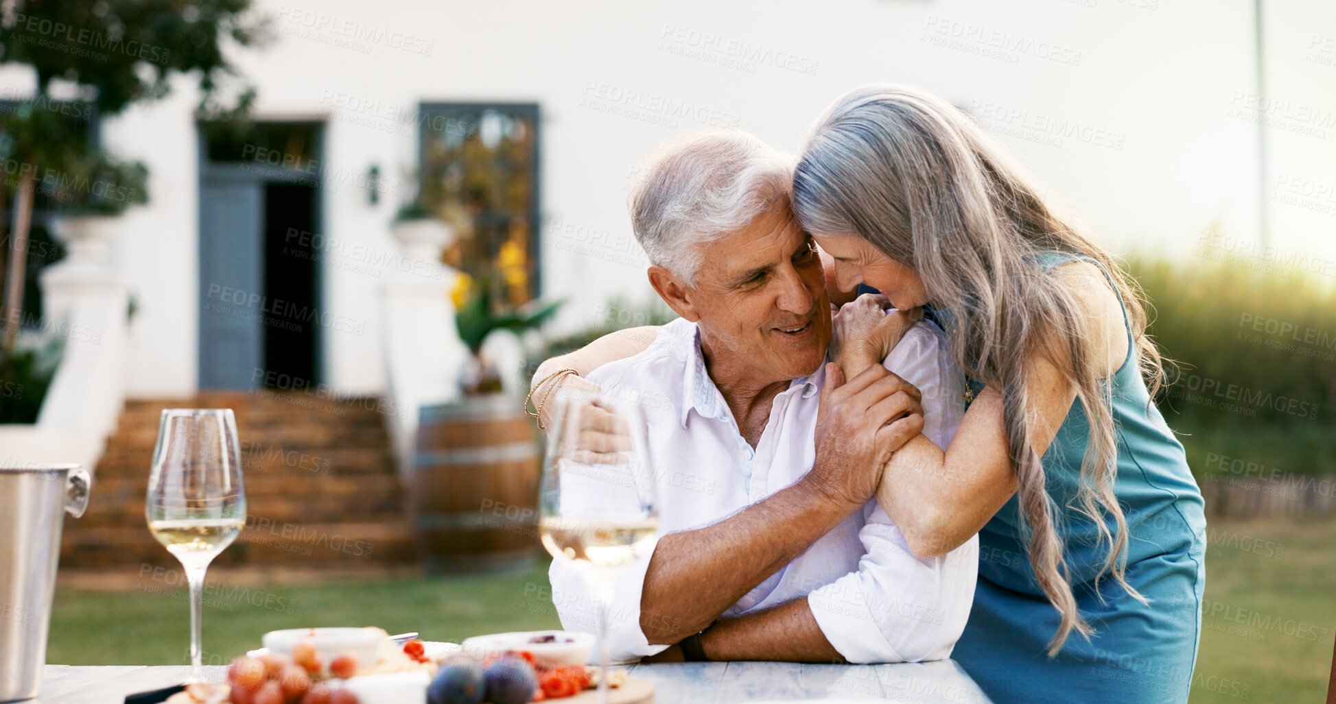 Buy stock photo Date, outdoor and old couple with love, food and bonding together with anniversary celebration. Retirement, senior man or mature woman in backyard, fruit dessert or romance with relationship or smile