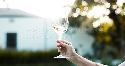 Buy stock photo Hand, glass and person at vineyard with white wine, luxury drink and closeup on farm or countryside on holiday. Winery, tour and tasting alcohol outdoor or organic beverage on vacation in nature