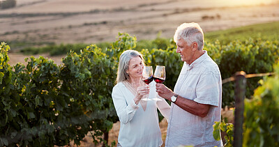 Buy stock photo Drink, cheers and wine with old couple in vineyard for romance, anniversary date and bonding. Happiness, retirement and support with senior man and woman at winery for toast, relax and vacation