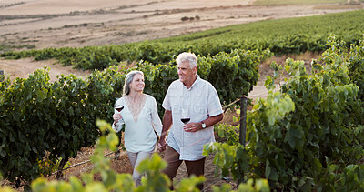 Buy stock photo Love, walking and holding hands with old couple in vineyard for romance, anniversary date and bonding. Happiness, retirement and wine with senior man and woman at winery for smile, relax and vacation