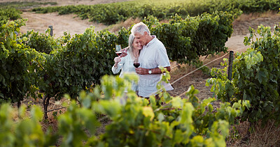 Buy stock photo Hug, smile and wine with old couple in vineyard for romance, anniversary date and bonding. Happiness, retirement and embrace with senior man and woman at winery for alcohol, relax and vacation