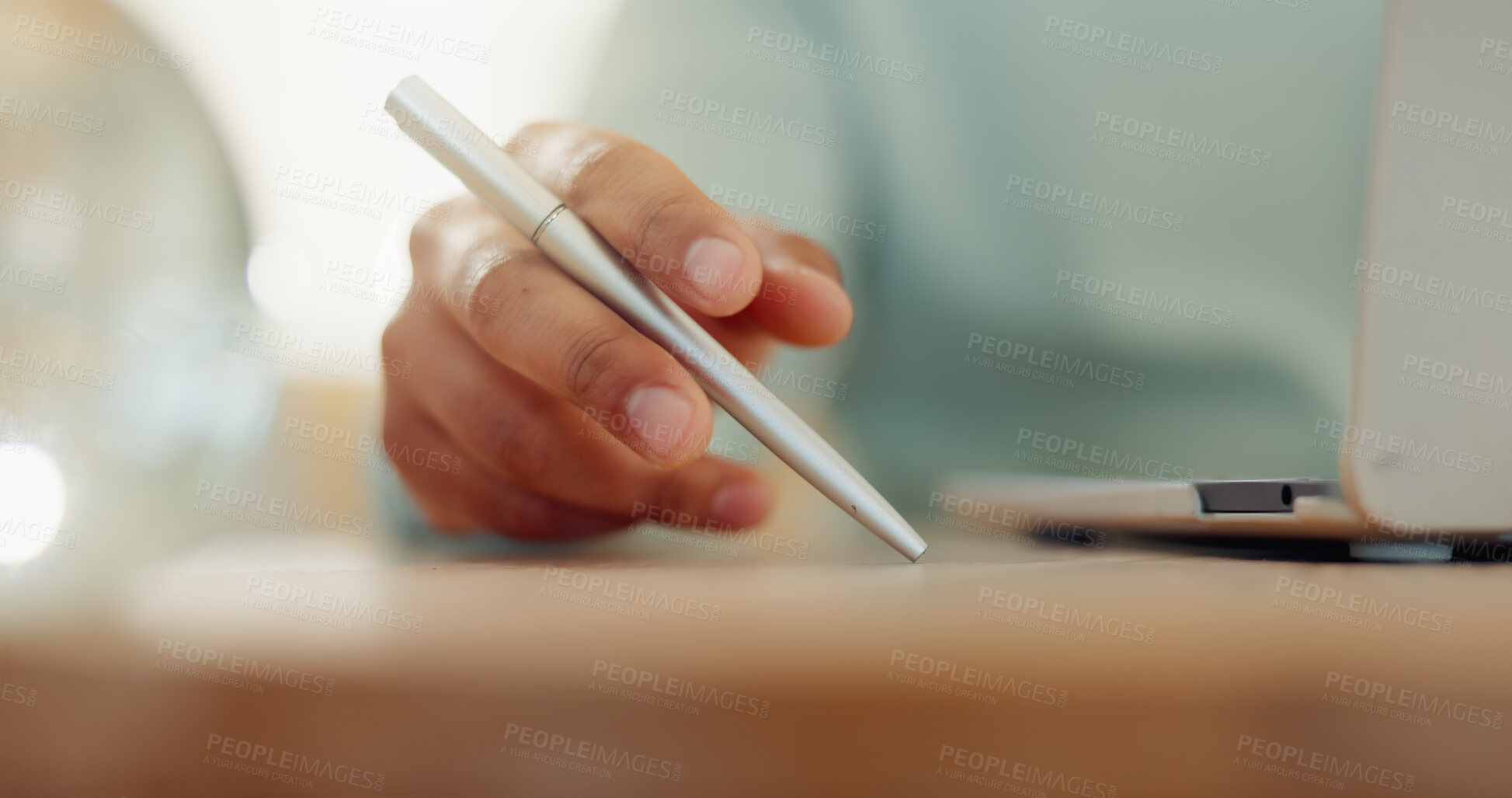 Buy stock photo Hand, pen and thinking with person in home for distance education, learning or online study. Laptop, notebook and writing assignment with student in apartment for college or university scholarship