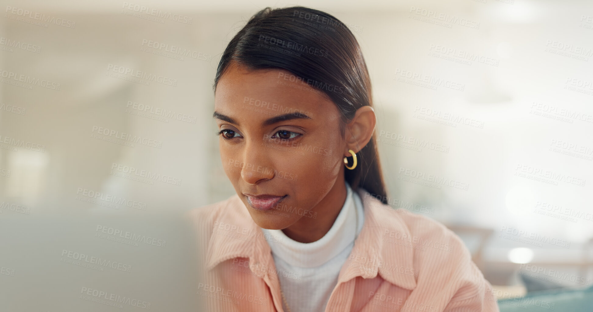 Buy stock photo Remote work from home, thinking and woman with laptop, online reading and problem solving. Person, freelancer and journalist with pc, planning and email with feedback for report, choice and decision