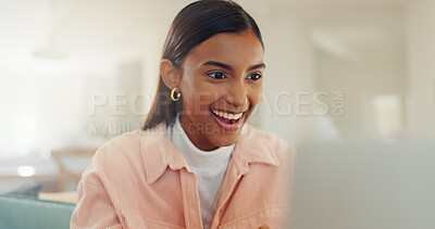 Buy stock photo Home, success and woman with laptop, reading and celebration for results of exam, student and online. Excited, happy and Indian person with smile for achievement, education and review of website