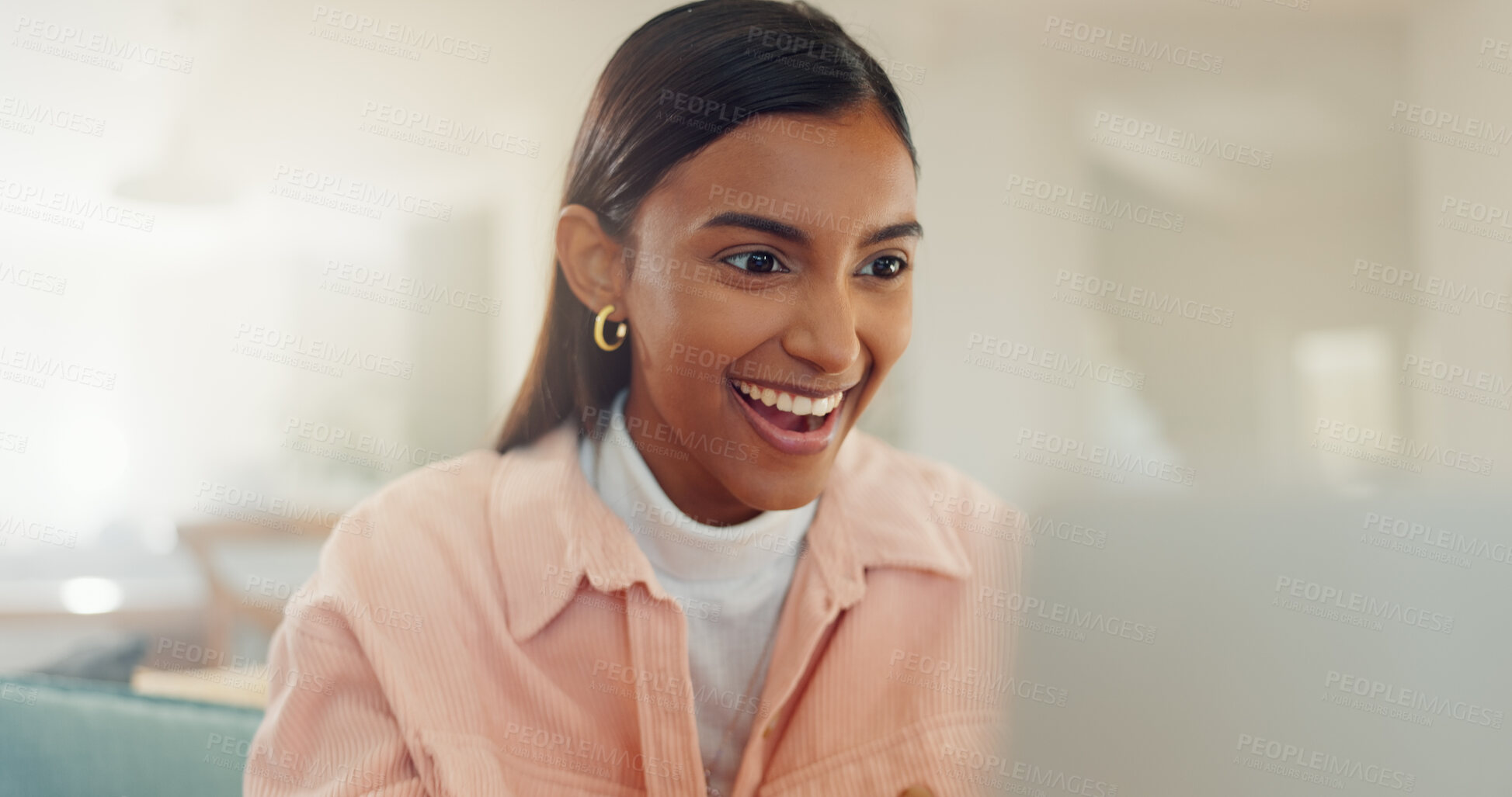 Buy stock photo Home, success and woman with laptop, reading and celebration for results of exam, student and online. Excited, happy and Indian person with smile for achievement, education and review of website
