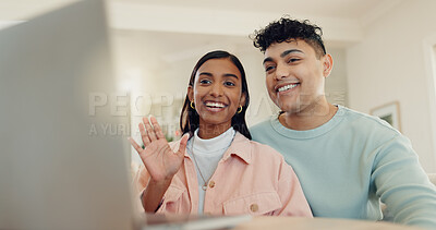 Buy stock photo Laptop, video call and wave with couple at home for virtual consultant, lease agreement and contact. Advisor, webinar and online mortgage broker with man and woman in living room for planning