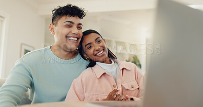 Buy stock photo Laptop, research and smile with couple at home for lease agreement, online application and support. Mortgage review, planning and digital policy with man and woman in living room for account