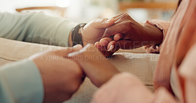 Buy stock photo Empathy, holding hands and support with couple closeup in home together for bonding, love or trust. Connection, healing or solidarity and people in apartment for help with grief, loss or pain