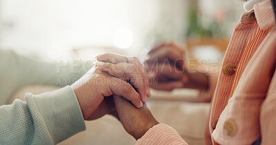 Buy stock photo Empathy, holding hands and trust with couple closeup in home together for bonding, love or comfort. Connection, healing or support and people in apartment for help with trauma of grief, loss or pain