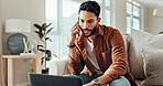 Phone call, talking and man with laptop, smile and freelancer with invoice for contact and house. Remote work, graphic designer and person with tech for communication, discussion and payment term