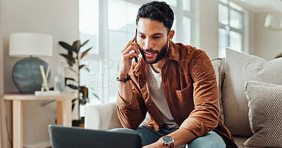 Buy stock photo Phone call, talking and man with laptop, smile and freelancer with invoice for contact and house. Remote work, graphic designer and person with tech for communication, discussion and payment term