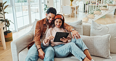 Buy stock photo Bonding, scroll and couple with tablet, online and subscription to app for streaming and entertainment. Happy, woman and man with decision for movies, smile and browsing on website in living room