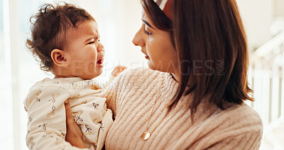 Buy stock photo Mom, baby and crying in home with comfort, care and love with connection in morning at family house. Infant, mother and daughter for kindness with embrace, bonding and support with voice at apartment