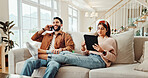 Sofa, couple and phone call with tablet for relax, online communication and conversation with contact. Home, happy man and woman with technology for chat, social media or bonding together in marriage