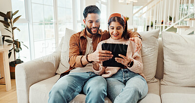 Buy stock photo Bonding, watching and couple with tablet, home and subscription to app for entertainment and online. Happy, woman and man with movies in living room, streaming and people with tech for date in house