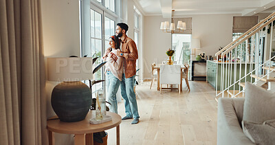 Buy stock photo Smile, couple and relax with embrace at house for love, partner trust and bonding together in lounge. Happy, people and hug with loyalty, relationship romance and morning view for marriage commitment