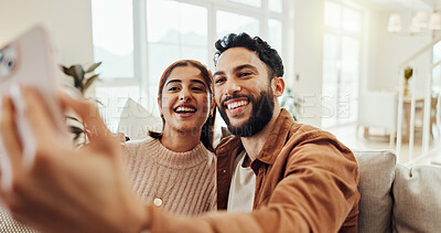 Buy stock photo Smile, couple and relax for selfie at house of photography, social media post and relationship announcement. Happy, people and profile picture update, vlog and bonding together  of healthy commitment