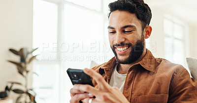 Buy stock photo Online, mobile and happy man relax in home for social media app, message response or reading ebook. Smartphone, sofa and person on website for communication, chat notification or news on internet