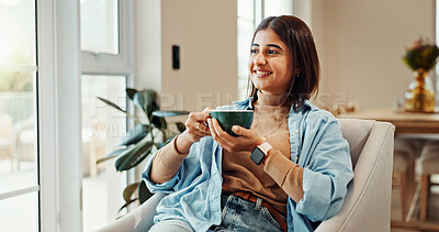Buy stock photo Coffee, smile and thinking with woman in living room of home for break, planning or vision. Future, idea and mug with happy person drinking caffeine beverage for start of morning or wellness