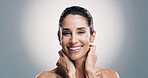 Beauty, portrait and smile of woman in studio for antiaging treatment or wellness routine. Aesthetic, dermatology and skincare with happy model on gray background for cosmetics or transformation