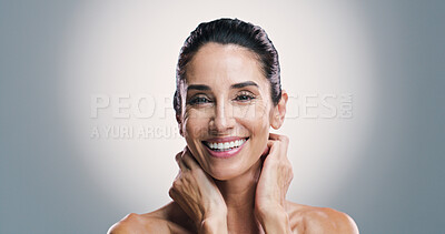 Buy stock photo Beauty, portrait and smile of woman in studio for antiaging treatment or wellness routine. Aesthetic, dermatology and skincare with happy model on gray background for cosmetics or transformation