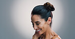 Skincare, smile and woman with beauty, glow and anti aging treatment on gray studio background space. Mature model, natural cosmetics or dermatology for self care, wellness or skin texture with shine