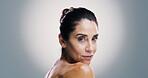 Beauty, cosmetics and portrait with shoulder of woman in studio for antiaging treatment or wellness. Aesthetic, dermatology and skincare with model person on gray background space for transformation