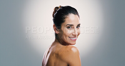 Buy stock photo Beauty, mature and happy woman with skincare, studio and treatment for shine of skin, antiaging and cosmetics. Gray background, mockup space and proud of glow with dermatology, portrait and wellness