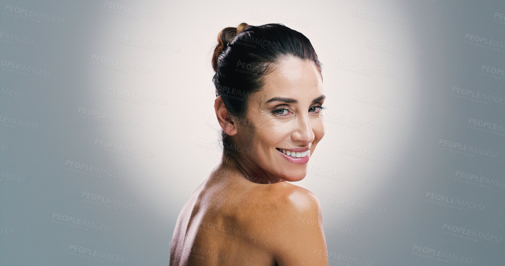 Buy stock photo Beauty, mature and happy woman with skincare, studio and treatment for shine of skin, antiaging and cosmetics. Gray background, mockup space and proud of glow with dermatology, portrait and wellness