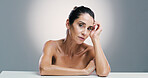 Portrait, woman and skincare pride in studio with anti aging, treatment and dermatology shine. Mature person, beauty and facial transformation, natural glow and cosmetic benefits on white background