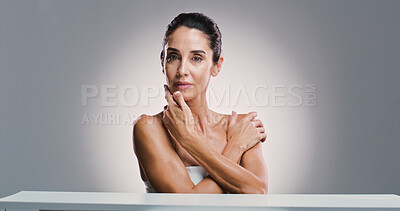 Buy stock photo Portrait, woman and dermatology beauty in studio for anti aging, treatment and wellness routine. Person, skincare and cosmetics with facial grooming, shine and self care benefits on white background