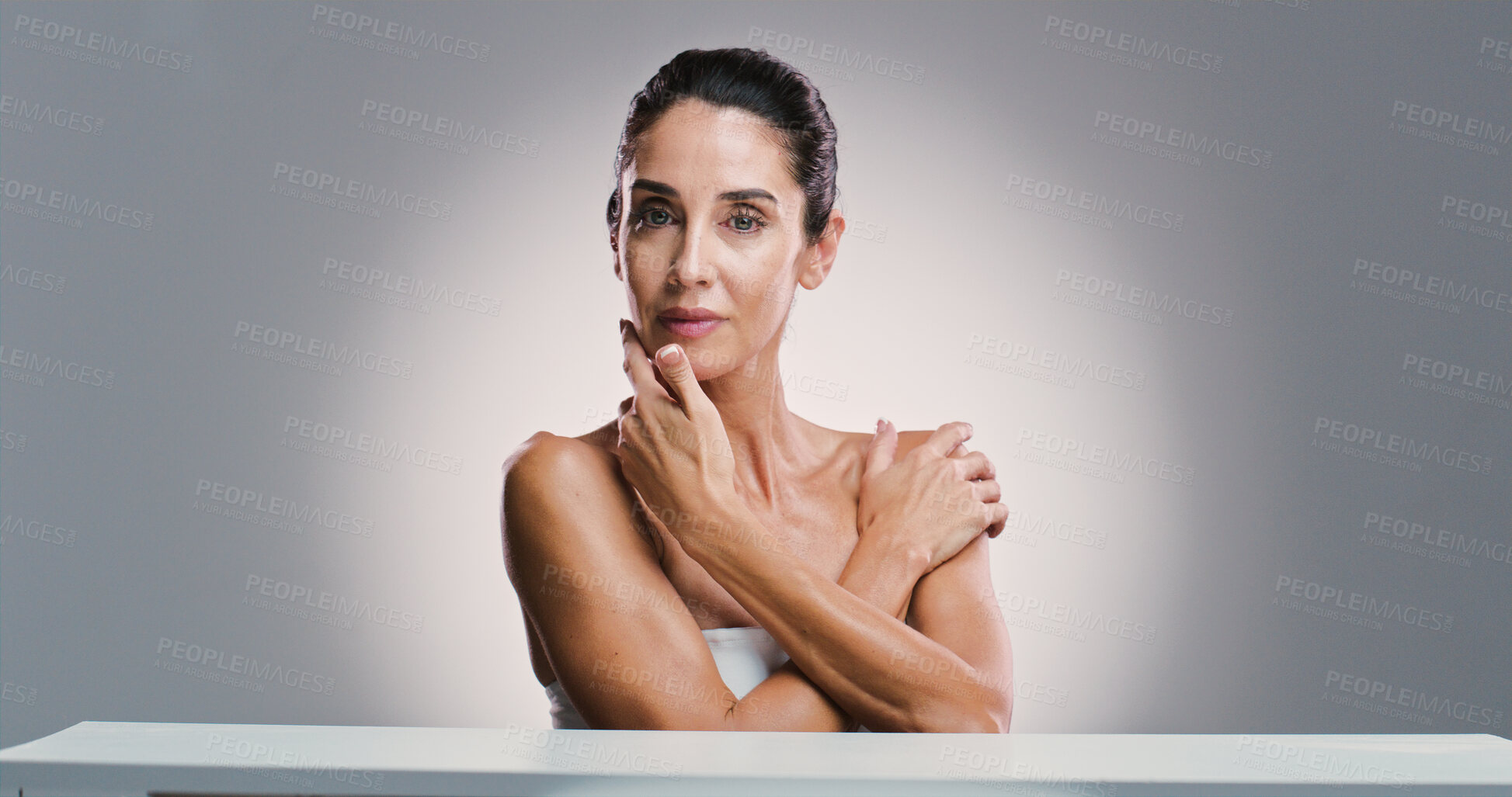 Buy stock photo Portrait, woman and dermatology beauty in studio for anti aging, treatment and wellness routine. Person, skincare and cosmetics with facial grooming, shine and self care benefits on white background