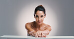 Portrait, woman and dermatology pride in studio for anti aging, treatment and wellness routine. Person, skincare and cosmetics for facial transformation, beauty and self care glow on white background